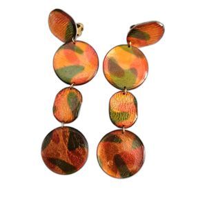 Vintage Orange And Green Enamel Tear Drop Clip On Earrings